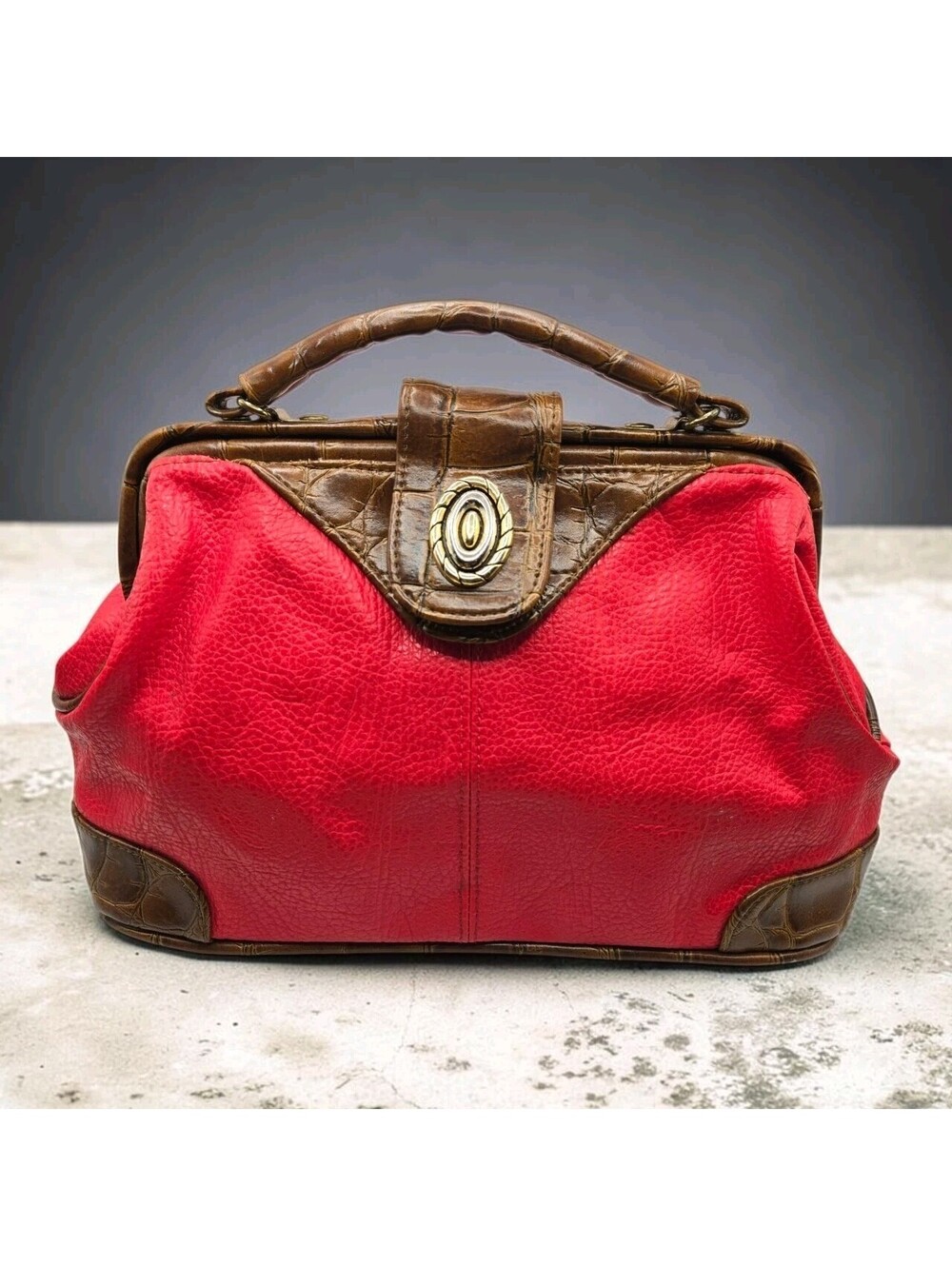 Vintage Jackson Red Pebbled Leather Doctor Bag Satchel Brown Croc Trim